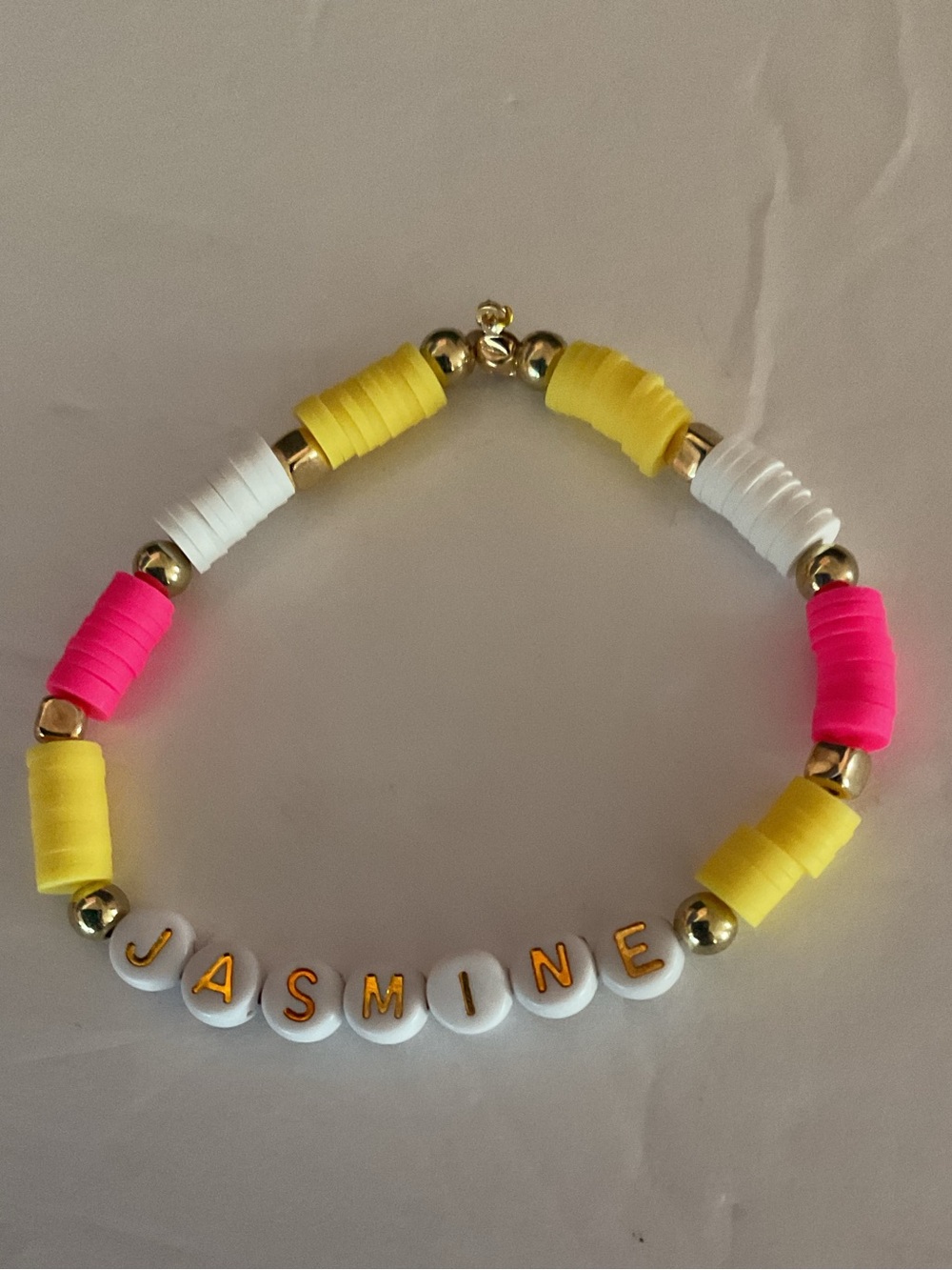 Personalized Yellow, Pink & White Beaded Name Bracelet - Jasmine.